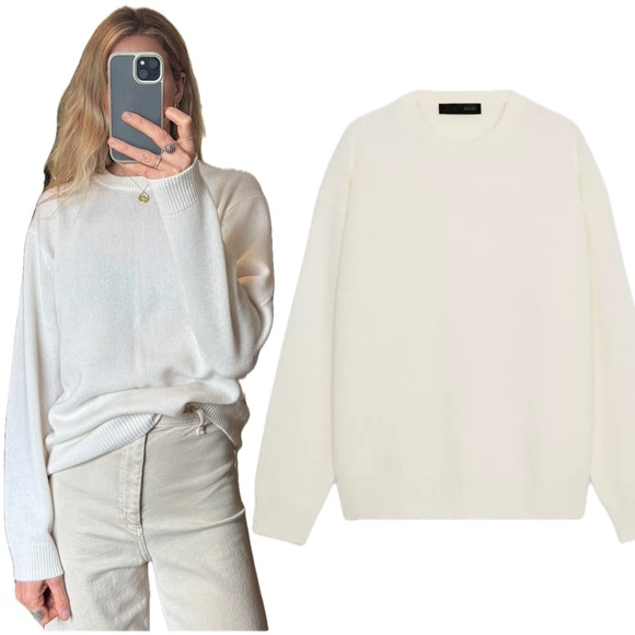 NWOT Zara 100% Cashmere Off Cream White Knit Woven Crochet Crewneck Sweater - Picture 1 of 11